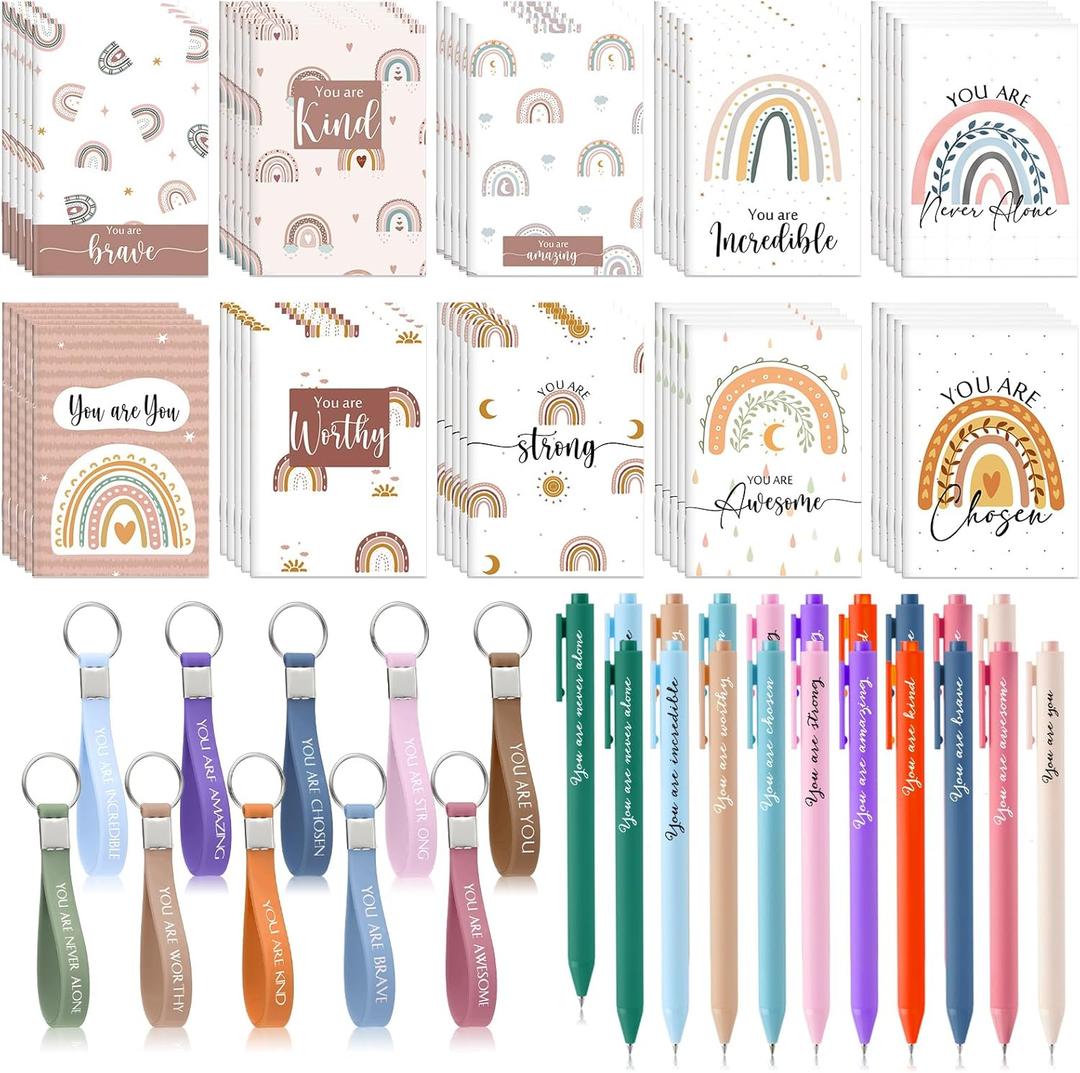 Ctosree 150 Pcs Teacher Inspirational Gifts Bulk for Women Employee Appreciation 50 Mini Rainbow Pocket Notebooks 50 Motivational Keychain 50 Thank You Pen for Valentines Office Gifts Nurses Team