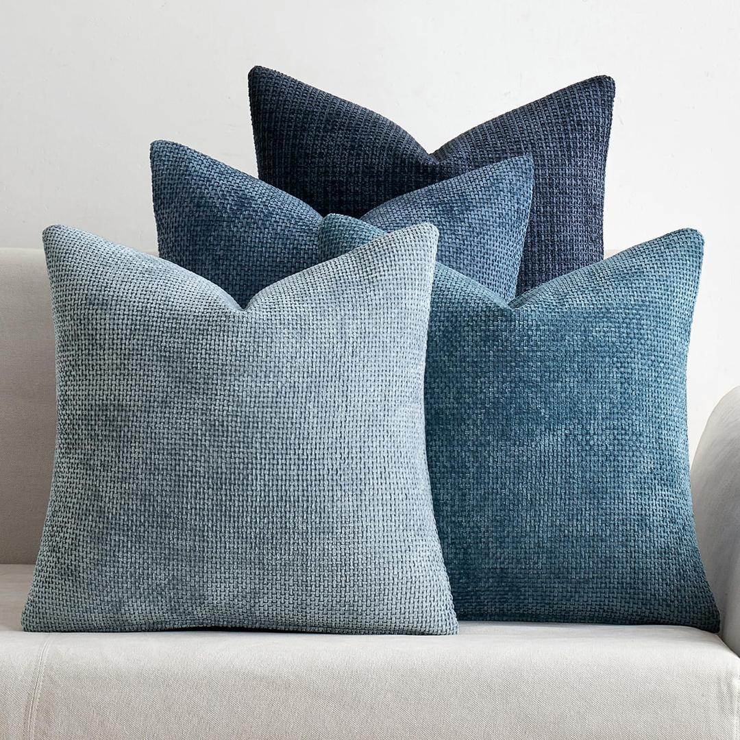 MIULEE Pack of 4 Couch Throw Pillow Covers 18x18 Inch Neutral Blue Soft Decorative Chenille Pillow Covers Farmhouse Accent Cushion Covers for Boho Western Spring Coastal Decor Sofa Bed Living Room
