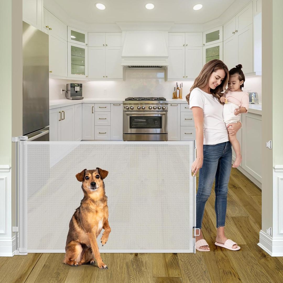 56 Inch Wide Retractable Baby Gate Retractable Pet Gates for Dogs, Retractable Dog Gate Indoor Retractable Gate Child Gates for Doorways, Stairways, Hallways, Outdoor Gates for Decks, Light Gray