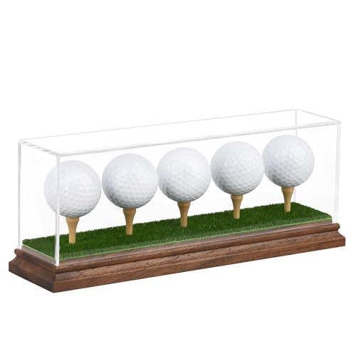 Golf Ball Display Case for 5 Golf Balls Holder Display Walnut Wood Base Acrylic Hole in One Golf Ball Case Display Uv Protection Golfball Stand Rack,Golf Office Decor Gifts for Men
