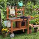 Outdoor Kitchen for Kids,Mud Kitchen Wooden Toy Playset with Wheels, Kettle, Sink, Wooden Plant Container and Kitchen Accessories, for Children Ages 3+ Years (Black)
