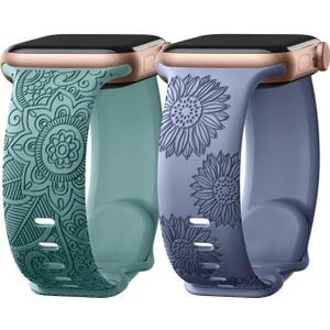 Odbeai Floral Engraved Band Compatible with Apple Watch Bands for Women 38mm 40mm 41mm 42mm 44mm 45mm 46mm 49mm,Soft Silicone Cute Sport Strap for iWatch Bands Women Series 11 10 9-1 SE Ultra1/2/3 (A-Pine Green+Blue Gray)
