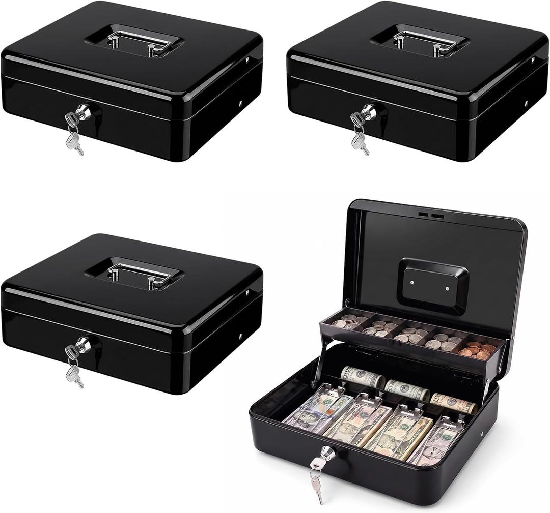 Cash Box with Money Tray and Key Lock, 11.8" Metal Cash Drawer
