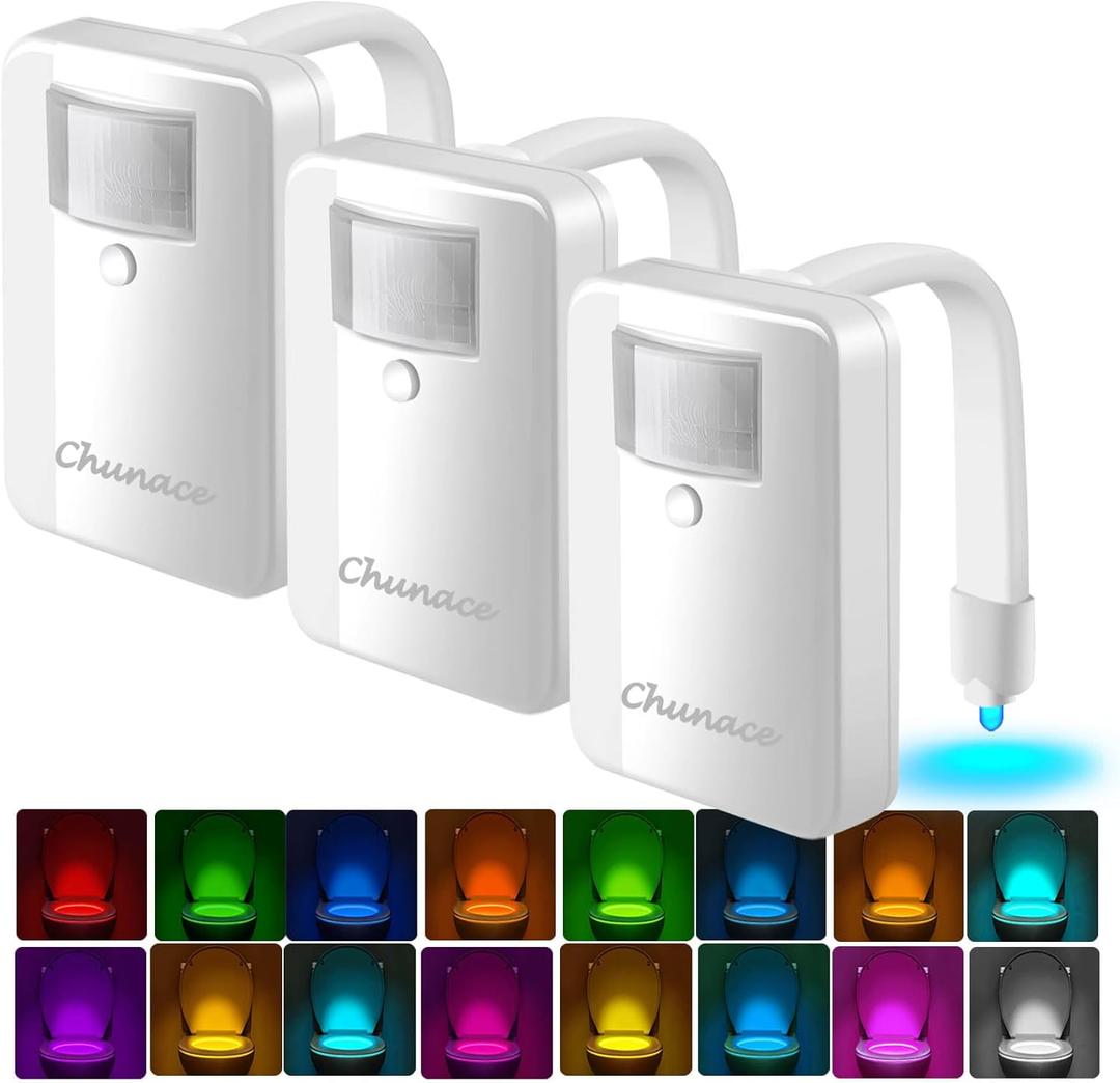 Chunace 3 Pack Toilet Night Lights with Motion Activated Sensor, 16 Colors LED Nightlight Inside Bowl, Cool Stuff for Bathroom Accessories Decor, Unique & Funny Housewarming Gadgets for Men/Kids 2025