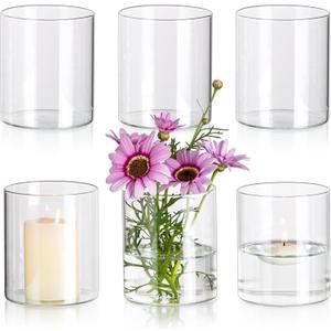 Glasseam Cylinder Vases for Centerpieces, Set of 6 Clear Glass Vases for Flowers, Modern Small Floating Candle Vase Decor, Decorative Hurricane Candle Holders for Home Wedding Table Decorations, 4in