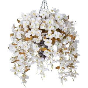 Artificial Fake Fall Hanging Flowers Plants Baskets for Outdoor Decoration, 5Pcs Faux Silk Hibiscus Long Vines in Planter UV Resistant Realistic Flower for Outside Home Porch Patio Garden, Fall White