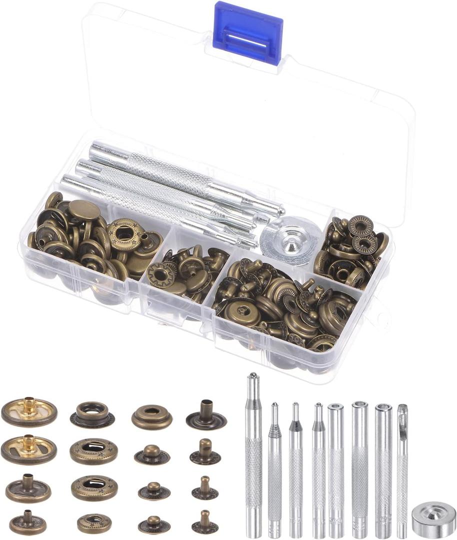 uxcell 40 Sets Leather Snap Fasteners Kit 4 Types Copper Metal Press Studs Buttons Tool with 9 Setter Tools & Storage Box for Clothing Leather Sewing, Bronze