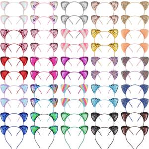 Sequin Glitter Kitty Headbands - 50 Pcs Girls and Adult Shiny Hair Accessories with Cat Ears for Birthday Decoration, 25 Colors