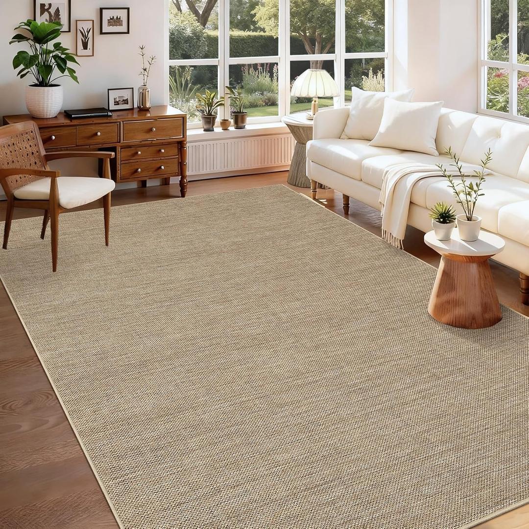 Outdoor Easy Jute Rug 5x7 Washable Non Slip Indoor Outdoor Easy Jute Rug Modern Solid Color Neutral Paito Stain Resistant Throw Carpet for Porch Kitchen Bedroom Living Room Backyard, Tan