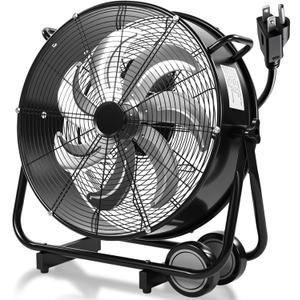 20" High Velocity Industrial Drum Fan 7 Metal Blades Heavy Duty Metal Industrial Floor Fan 3 Speed with Handle and Roller, 360 Rotation for Warehouse Basement Factory Barn Garage(Black)
