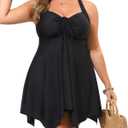 Daci Plus Size Women Two Piece Swim Dress with Shorts Flowy Swimsuits Tummy Control Bathing Suits (Solid Black, 30W)