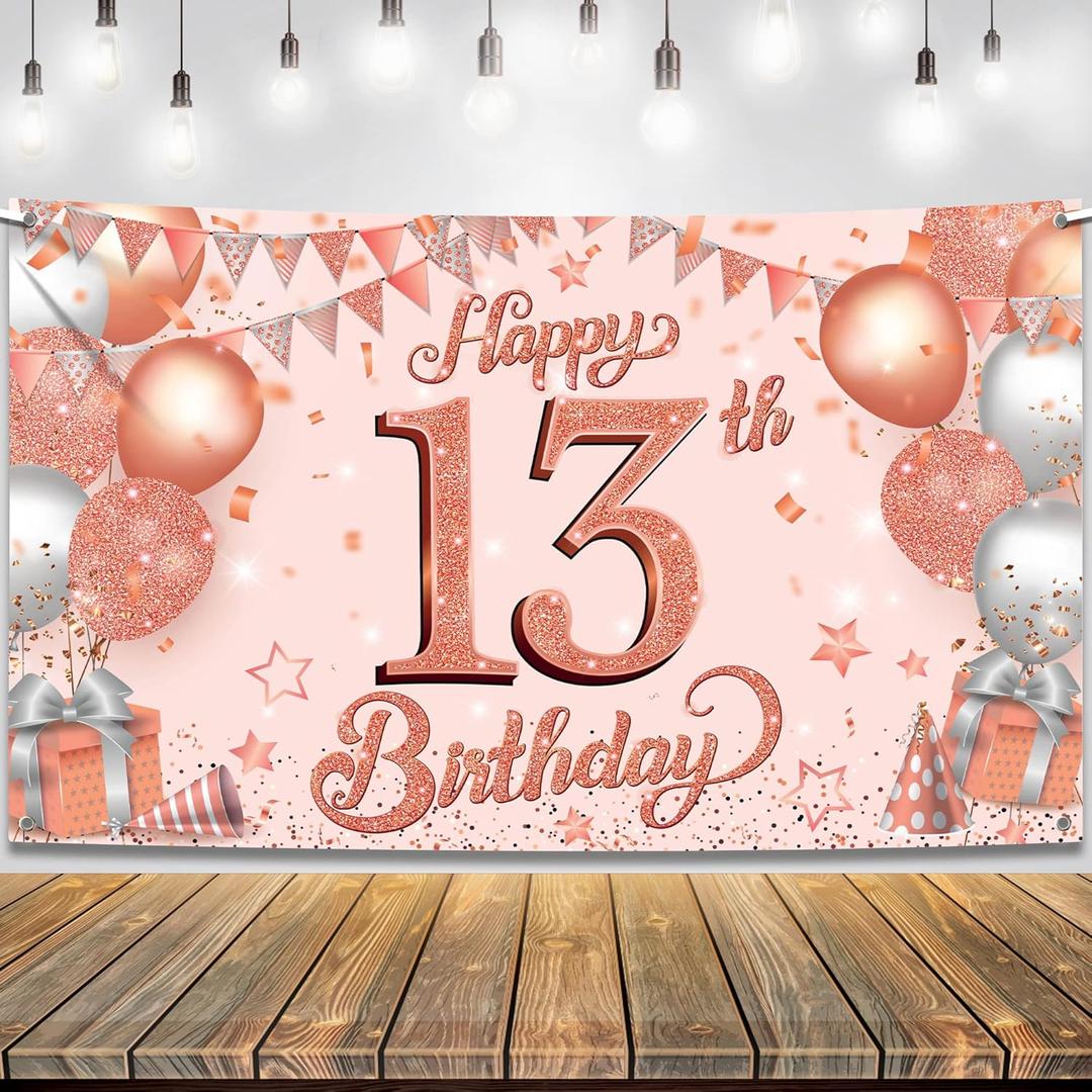 KatchOn, Rose Gold Happy 13th Birthday Banner - Large, 72x44 Inch | 13th Birthday Backdrop for Birthday Decorations for Girls | Happy 13 Birthday Girl Decorations