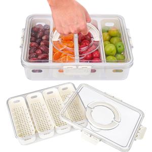 AIERSA Snackle Box Container,Divided Serving Tray with Lid,4 Compartment Travel Snack Container,Fruit Veggie Tray with Lid for Fridge Fresh Keeping,Portable Snack Tray for Picnic,Party,Travel