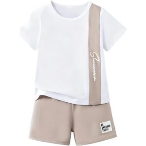 Ayzozuy Boy Clothes Colorblock Top + Drawstring Waist Shorts 2 Pieces Kid Summer Outfits Set (White)