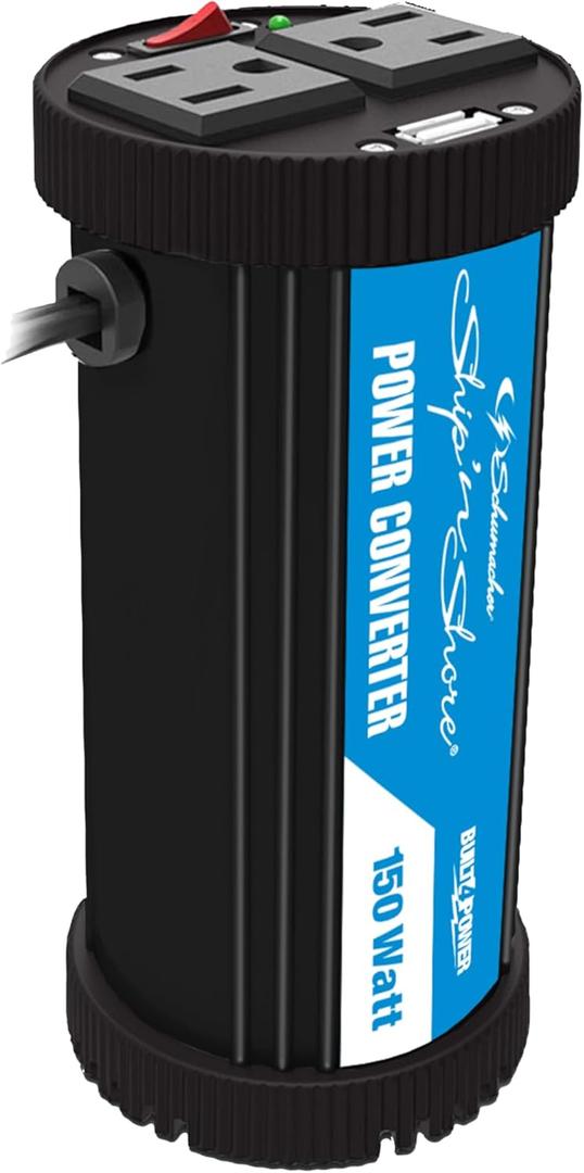 Schumacher Electric Ship n Shore SI1479 150 Continuous Watt/300 Peak Watt DC-to-AC Power Inverter, Two 120-Volt AC Outlets, 2.1-Amp USB Port, Black, 1 Unit