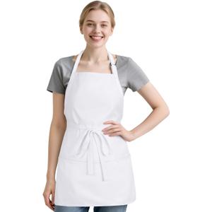 NLUS Kitchen Cooking Apron with 3 Pockets, Adjustable Bib Apron Chef Aprons for Women Men (White)