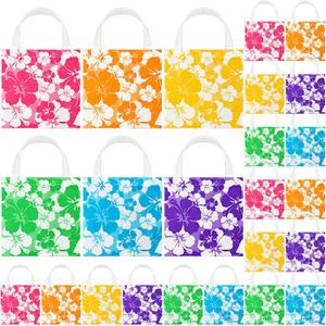 Teling 24 Pcs Hawaiian Party Favor Bags Hibiscus Tropical Tiki Luau Goodie Gift Bags with Handle for Kids Non Woven Summer Birthday Party Supplies