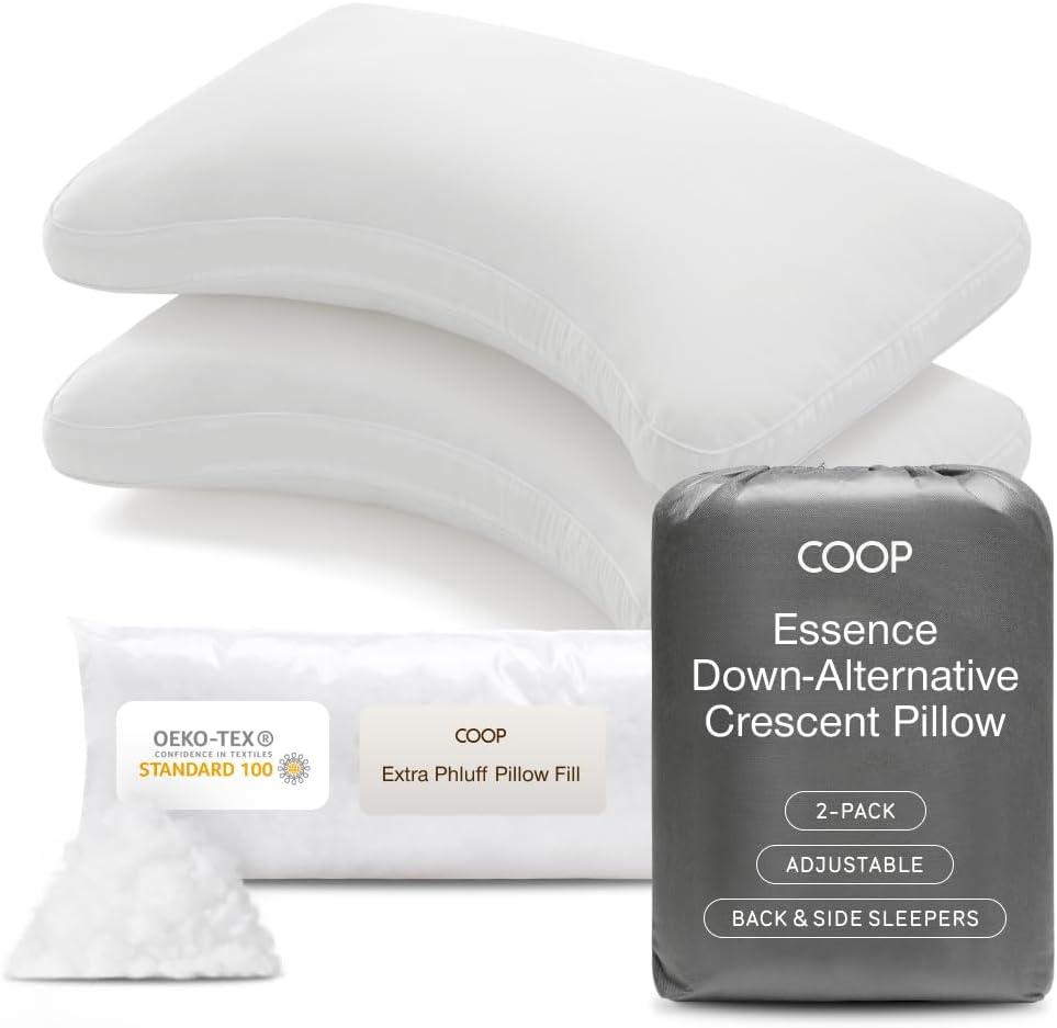 Coop Home Goods Essence Crescent Down Alternative Pillow Set of 2, Queen Size, Adjustable, Plush & Breathable Pillow, Luxury Hotel Pillow for Side and Back Sleepers, Oeko-TEX Standard 100