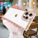for iPhone 16 Pro Max Case Cute Love Heart Plating for Women, with Screen Protector, Glitter Sparkle Rhinestone Diamond Border Design Slim Rectangle Wireless Protection Case Cover, White