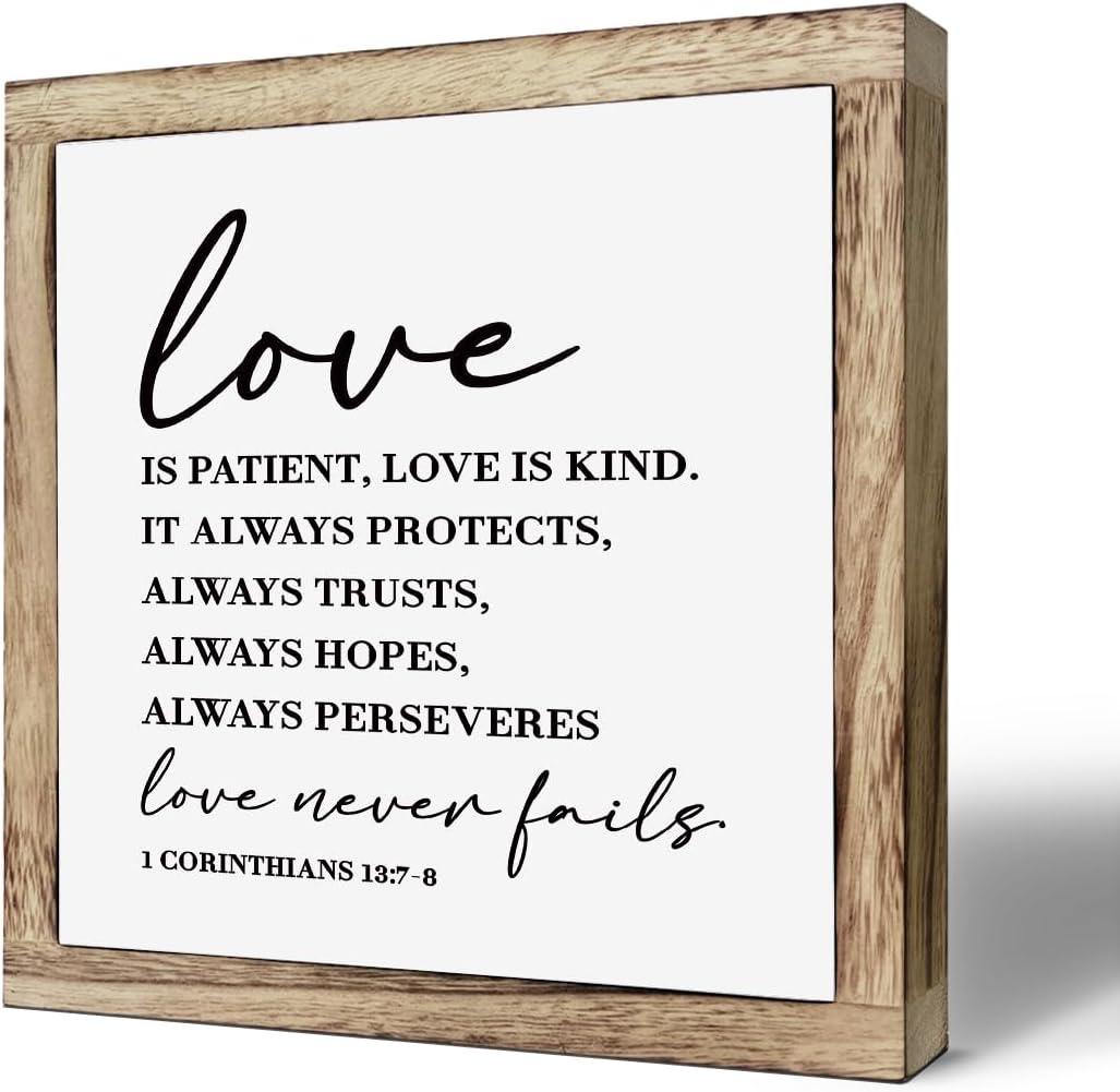 Christian Wood Decor, Master Bedroom Decor, Marriage Gift, Wedding Gift for Couple Wooden Plaques Box Signs 9.8* 9.8, Family Room Decoration, Bible Verse 1 Corinthians 13:7-8 Signs, Love is Patient Signs