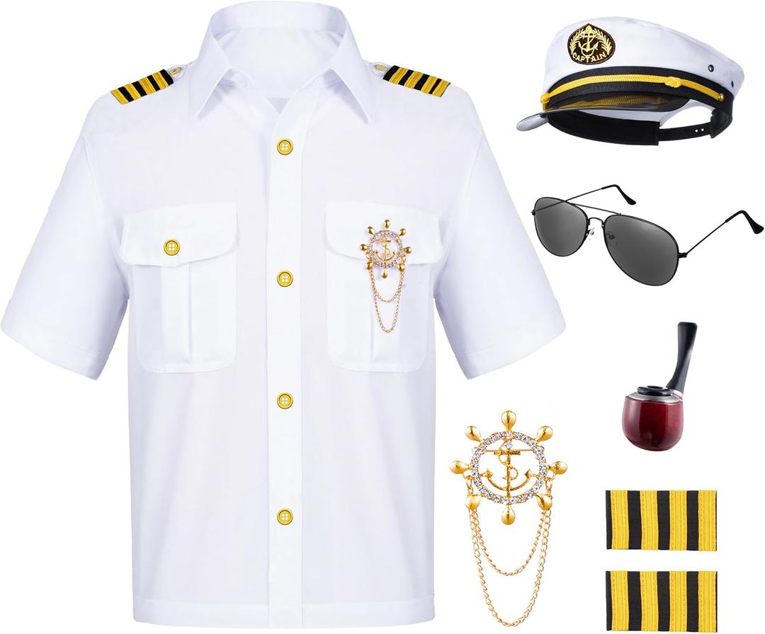 Kids Yacht Captain Sailor Costume for Boys Shirt Hat Accessories 6 Pcs Set Party Cosplay 3-4T White