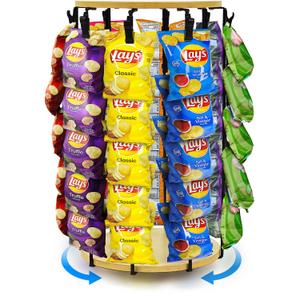 Chip Rack Display Stand, 5 Tiers 40 Clips Display Stand, 360Rotating Wooden Base Chip Bag Holder Candy Display for Concession Stand Countertop, Party, Retail, Snack Organizer for Office Desk