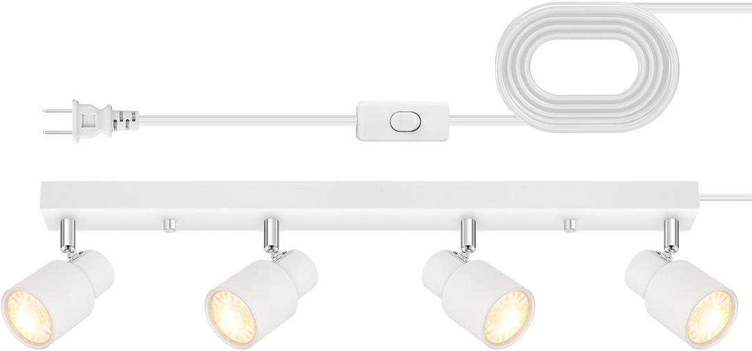 Plug in Track Lighting, 23" LED Track Light Fixtures Ceiling, White 4 Way Spotlight, Rotatable Light Head, Plug in Ceiling Light with Power Cord, Plug Wall Light for Kitchen Hallway Bar(GU10, NO Bulb)
