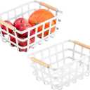 Farmhouse Baskets Wire Storage Metal Baskets Storage Bin Basket Organizer Farmhouse fruit Bin with Wood Handles for Pantry Cabinets Rustic Kitchen Counter Closet,2 Pack - White (12*9*6)