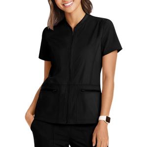 Women's Scrub Top Full Zip up Short Sleeve Nurse Shirts with 2 Zipper Pockets Jackets Lightweight Medical Uniform (Medium, Black)