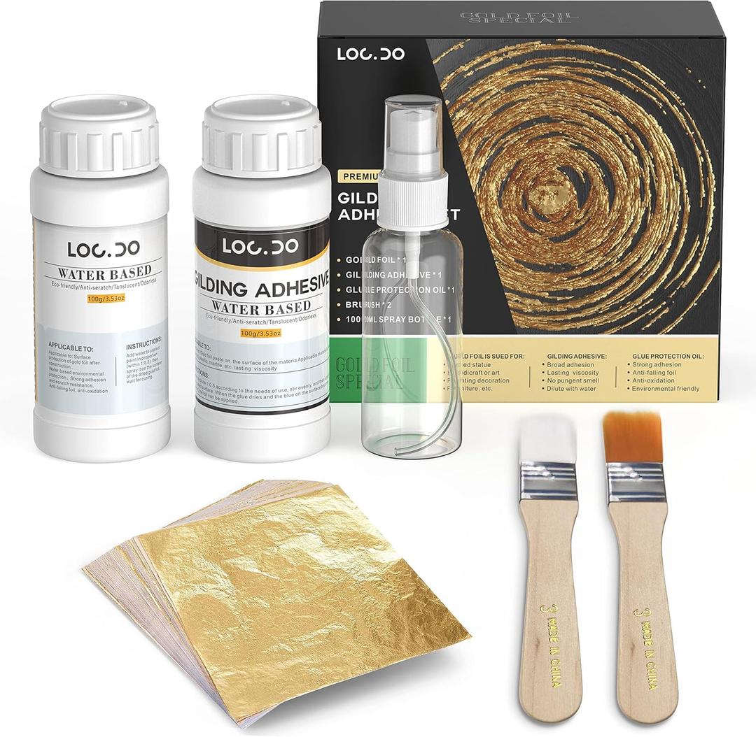 Gold Leaf Kit, Gilding Adhesive 200ml Set, Water Based Adhesive and Protective Varnish Whit Gold Leaf Sheet 100 pc, for Craft Supplies, Painting, Resin Arts Furniture and Decoration