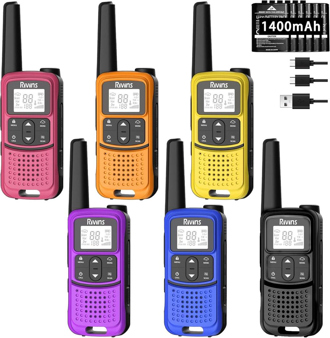 Radios Walkie Talkies Long Range: Rivins F22 Rechargeable Walkie Talkies for Adults, NOAA, 1400mAh Li-ion Battery USB-C Cable, LED Flashlight, VOX FRS Two Way Radio for Hiking Camping,6 Pack