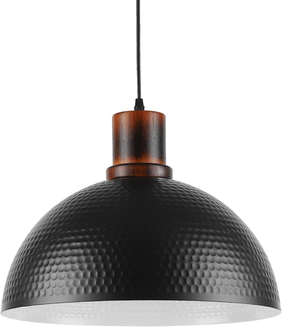 Modern Solid Wood Pendant Lights,15.7" Hammered Metal Shade,Black Finish Hanging Lighting Lamp Industrial Dome Ceiling Light Fixtures for Kitchen Island, Farmhouse, Dining Room, 1PK/16in