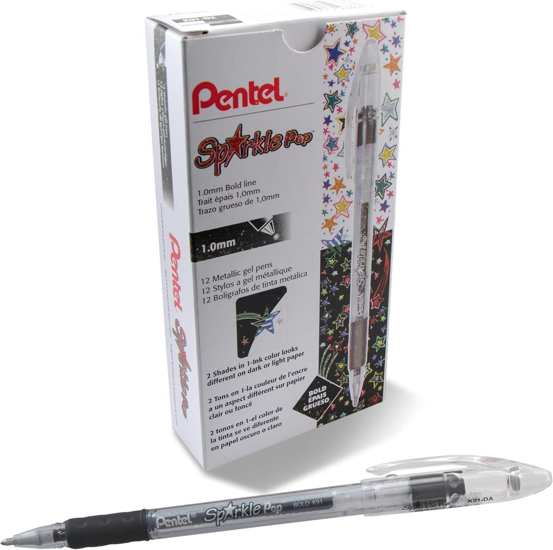 Pentel Sparkle Pop Metallic Gel Pen, (1.0mm) Bold Line, Black/Red Ink, Box of Pens (K91-DA)