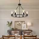 Black Chandelier, 6-Light Dining Room Light Fixture, Round Farmhouse Wagon Wheel Chandeliers for Dining Room Living Room Entryway Kitchen Island Dia 24", D24'' 6-Light