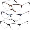 3 Pack Reading Glasses Women Blue Light Blocking Metal Computer Spring Hinge Readers (Black Brown and Blue)