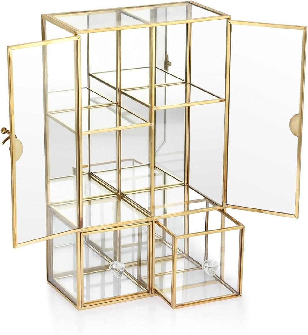 ELLDOO Clear Glass Storage Box with 2 Drawer, Gold Mirrored Jewelry Makeup Display Organizer Case, Decorative Tower Box Storage for Trinket Perfume Lipstick Figure Statue Toy Display