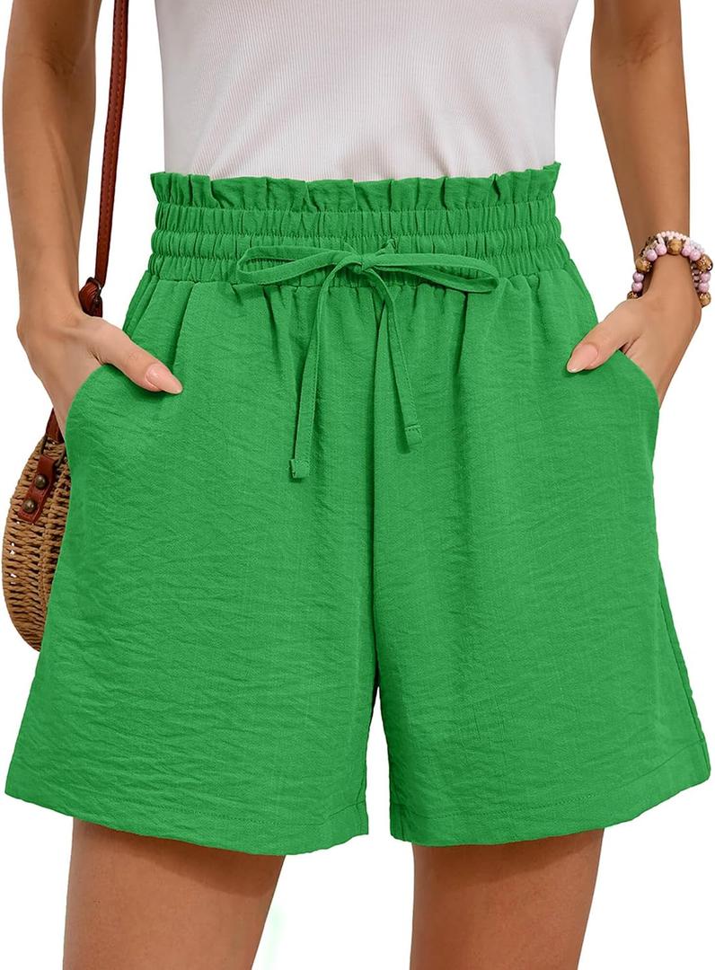 Summer High Waist Wide Leg Elastic Drawstring Shorts with Pockets (Green, XXL)