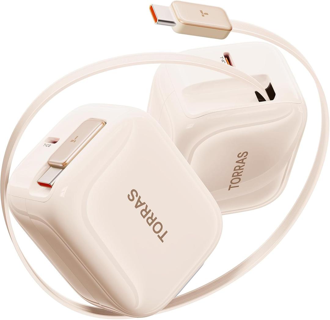 TORRAS FlexLine 40W for iPhone 16 Charger, Dual-Port USB C Charger Block with Retractable Cable, Fast Charging Type-C Power Adapter for iPhone 15/Samsung Galaxy S25/S24 Ultra with Foldable Plug, Gold