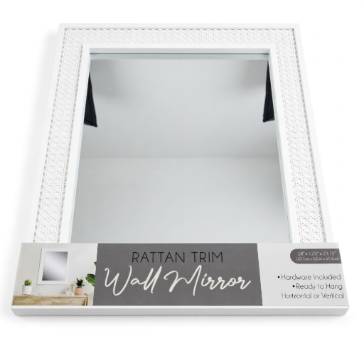 Rattan Trim Wall Mirror, 18' x1.25' x 23.75' , White