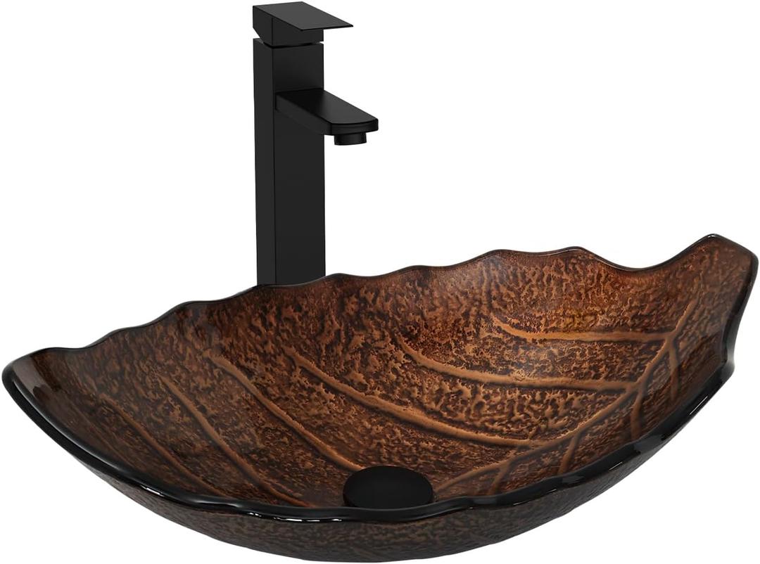 Bathroom Leaf Shape Artistic Glass Vessel Sink, Brown, 14"D x 22"W x 7"H