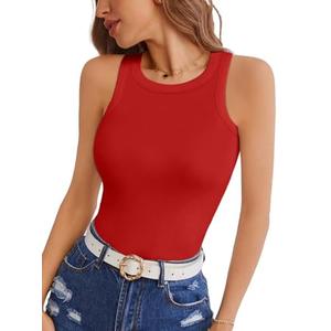 VAFFUL Womens Tank Tops Crew High Neck Sleeveless Ribbed Shirts Slim Fitted Top Summer Basic Casual Blouses Tee Red M