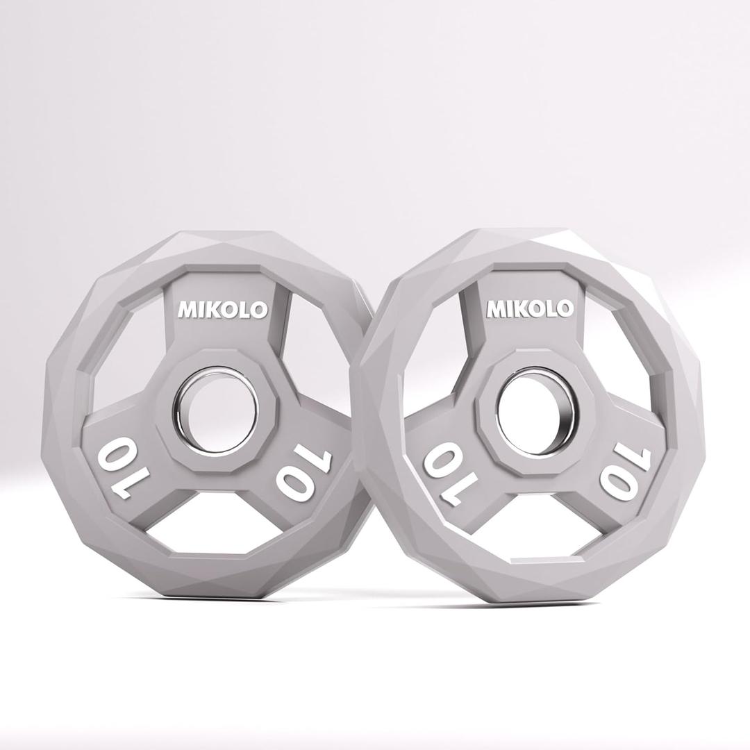 Mikolo Olympic Weights Set 2-Inch Rubber Coated Plates, 12-Sided Non-Roll Weight Plates Grip with 3 Handles for Home Gym, Strength Training, Single, Pair and Sets(5/10/15/25/35/45 LB)