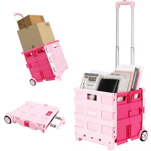 Foldable Rolling Cart on Noiseless Wheels: Portable Utility Cart for Grocery Books File Office (Pink)