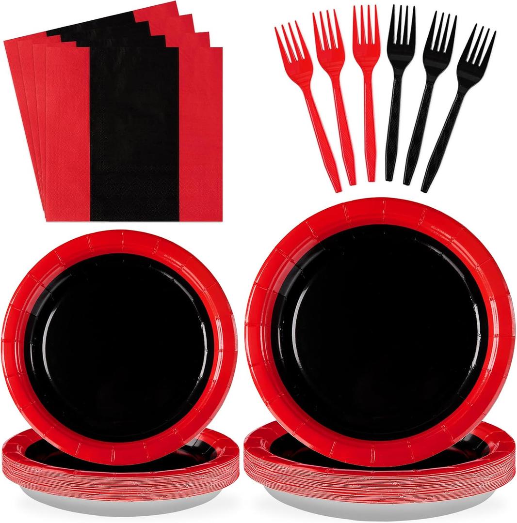 96Pcs Red and Black Birthday Party Supplies Black and Red Carpet Prom Graduation Plates and Napkins Tableware Sets for Men Baby Shower Vip Spooky Theme Fiesta Congrats Graduation Decorations Serve 24