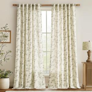 jinchan Linen Floral Curtains for Living Room 96 Inch Length Sage Green Printed Curtains Back Tab French Country Farmhouse Flower Patterned Drapes Bedroom Window Curtain Set 2 Panels
