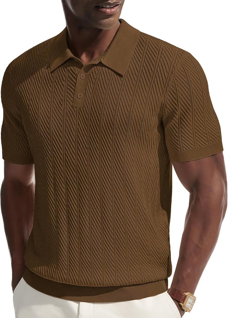 PJ PAUL JONES Mens Knit Polo Shirt Short Sleeve Shirt Texture Knitted Polo Casual Shirts (M)