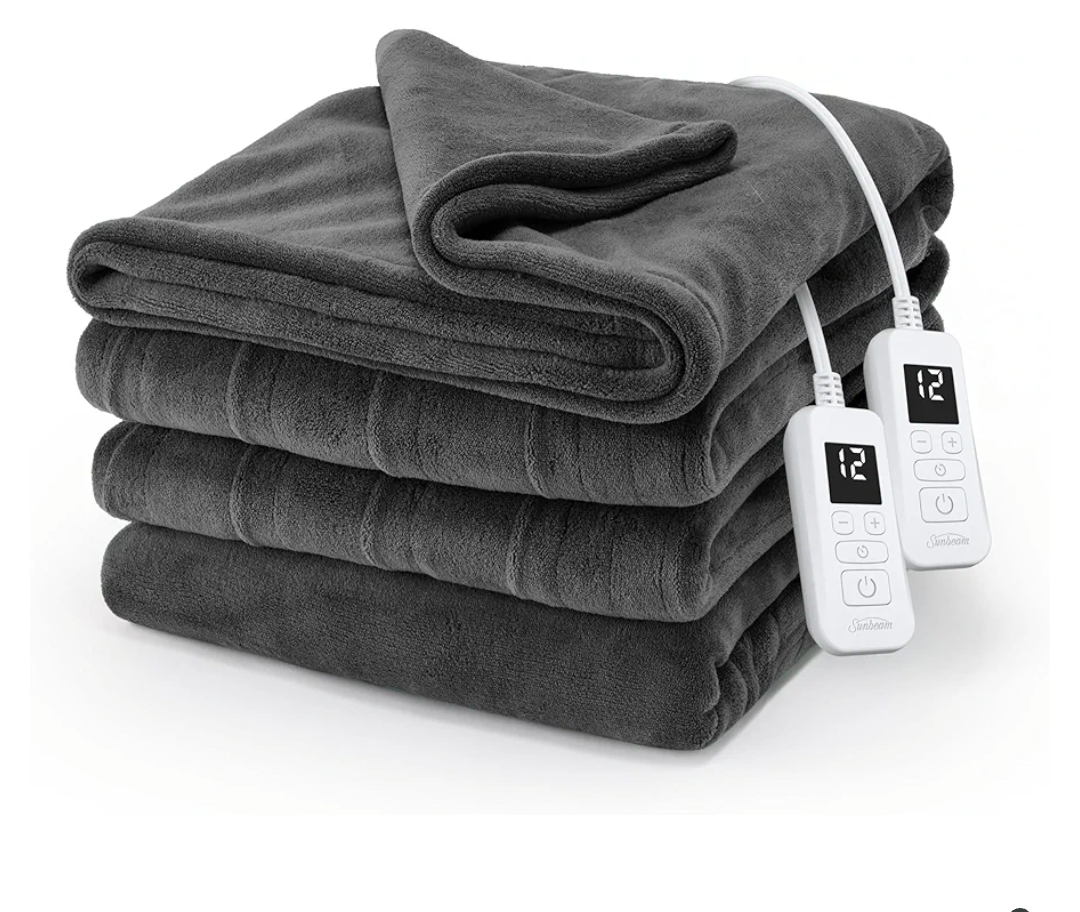 Sunbeam Electric Royal Luxe Microplush Heated Blanket, 12 Heat Settings, 12-Hour Auto Shut-Off, Fast Heating, Warm & Cozy, Machine Washable, Night Fog Color, Queen (90" x 84")