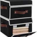2PCS Storage Bins Box with Lids Front Opening Window Decorative Cotton Linen Fabric Basket PU Leather Handles PP Board Foldable Washable Shelf Closet Organizer Container (Black, Small)
