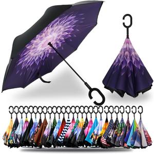 SIEPASA 49/56 Inch Inverted Reverse Upside Down Umbrella, Extra Large Double Canopy Vented Windproof Waterproof Stick Golf Umbrellas with C-shape Handle. (Purple Dahlia)