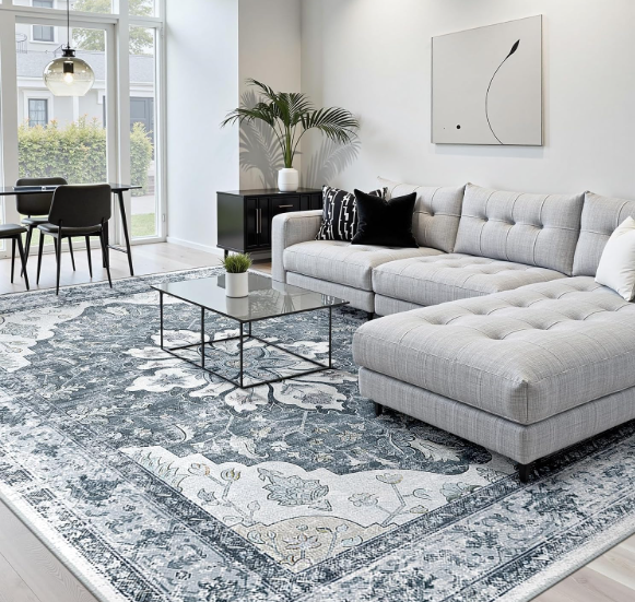 RELEANY Area Rugs 8'x10' Washable Non-Slip, Floral Vintage Distress Print Pattern Medallion Carpet for Living Room Bedroom Dining Room, Light Yellow Carbon Grey Orange